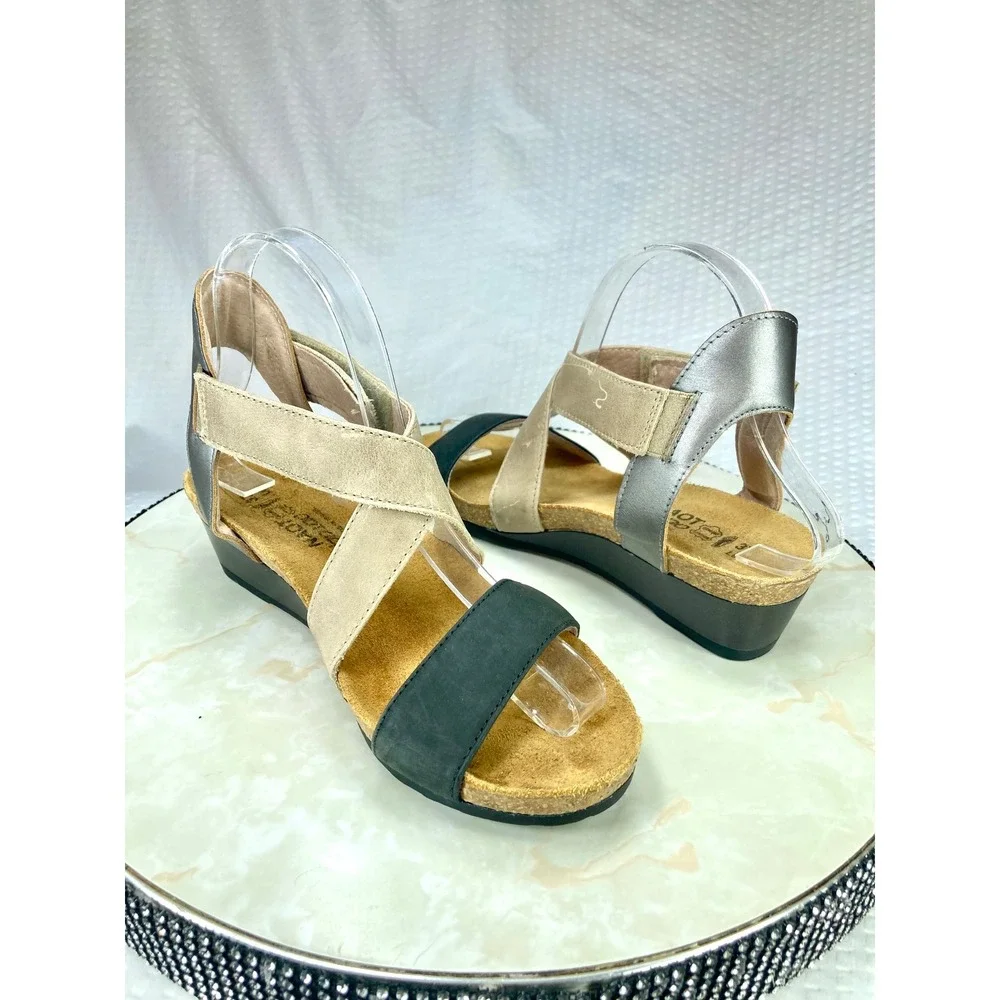 Naot Vixen Leather Crisscross Wedge Sandals Womens 6.5 Oily Coal Beige Comfort